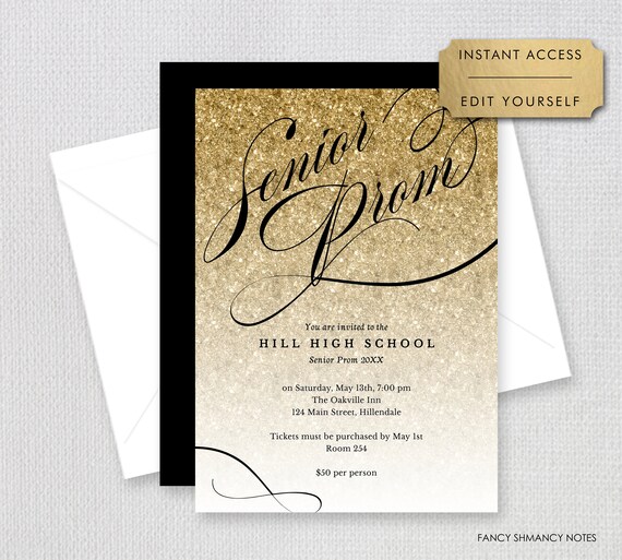 Senior Prom, Gold Glitter Fancy Script Editable Prom Invitation Template, Print or Text, Instant