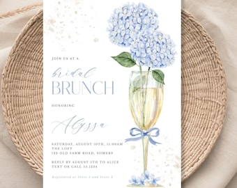 Blue Hydrangea Bridal Shower Brunch Invitation, Champagne Glass & Flowers, Corjl Editable Template 428