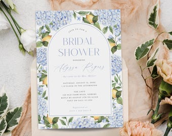 Invitación editable para despedida de soltera con hortensias azules y limones / Arco floral / Editar texto en línea / Descarga digital, Plantilla editable 433