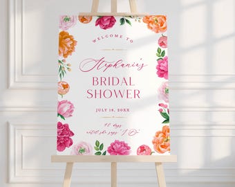 Letrero de bienvenida para despedida de soltera con flores de peonía rosa / Marco floral de peonía rosa y naranja brillante / Plantilla editable 119