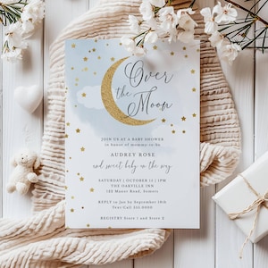 Over the Moon Blue Baby Shower Einladung bearbeitbare Vorlage | Gold Glitter Mond und Sterne | -Bearbeiten Online, Digital Download #703