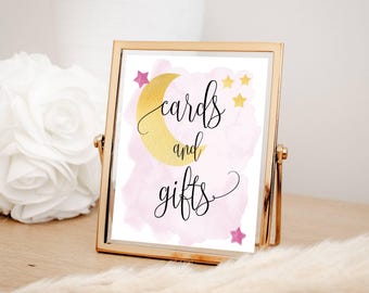 Tarjetas y regalos "Over the Moon" para baby shower, temática de luna rosa y estrellas, 8x10", descarga digital instantánea, archivos imprimibles n.° 721