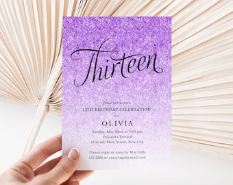 Purple Glitter 13th Birthday  Invitation, Fancy Script Thirteen, Teen Girl Invite, Print or Text, Instant Download, Corjl Template #1432