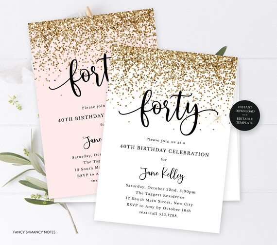 Gold Confetti Glitter Any Age-Editable Text Birthday Party Invitation Template, Print or Text, Instant Digital Download, #233 Il_570xn