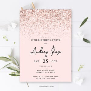 Blush Pink Glitter Birthday Invitation Template for Her in 2 Sizes | Edit Online for Any Age or Event | Editable Template 046