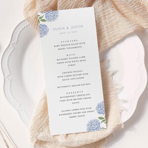 Blue Hydrangea Wedding Menu, Tall Dinner Menu with Watercolor Flowers, Editable Corjl Template 428