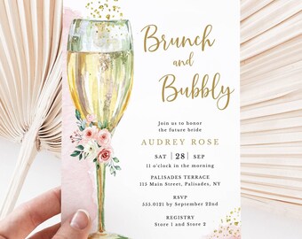 Brunch and Bubbly Bridal Shower Invitation Template | Pink Flowers and Gold Champagne Glass | Digital Download, Editable Template 418