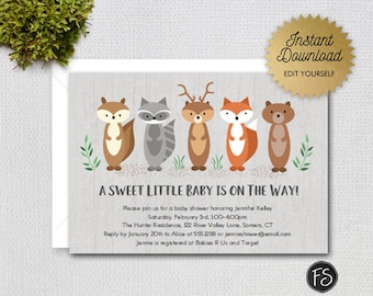 Editable Woodland Animals Baby Shower Invitation, Gender Neutral Sweet Little Baby on the Way, Instant Download Editable file, 1228