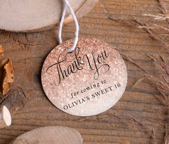 Rose Gold Glitter Editable Party Favor Tags or Stickers Sizes