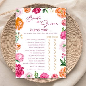 Pink Peony Flowers Bride or Groom Bridal Shower Game | Pink & Orange Bright Peony Frame |  5X7" Printable Cards | Instant Download 119