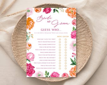 Pink Peony Flowers Bride or Groom Bridal Shower Game | Pink & Orange Bright Peony Frame |  5X7" Printable Cards | Instant Download 119