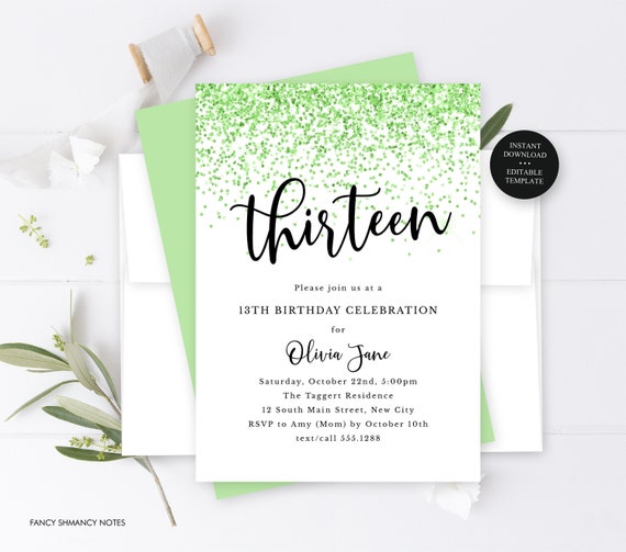 Lime Green Confetti Glitter Any Age-Editable Text Birthday Party Invitation Template, Print or Text, Instant Digital Download, #231 Il_570xn