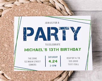 Boys Birthday Party Invitation | Custom Colors and Text | Sporty Boys Invite | Size: 4x6 & 5x7" | Digital Download, Editable Template 082