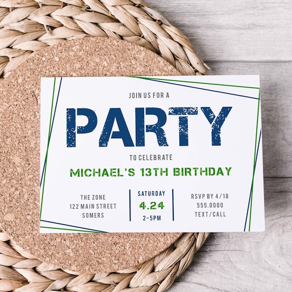 Invitación de cumpleaños para niño / Colores y texto personalizados / Invitación deportiva para niño / Tamaños: 4x6 y 5x7 pulgadas / Descarga digital, plantilla editable 082