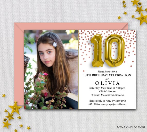 Birthday Photo Invitation, Rose Gold Confetti and Gold Foil Balloons '10', 10th Birthday, Printable Digital Invitation, 4029 Il_570xn