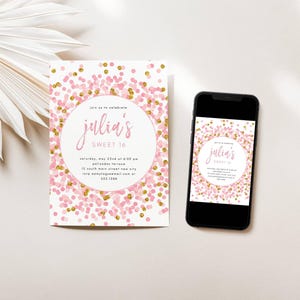 Pink Gold Glitter Confetti Editable Birthday Party Invitation-Any Age-Kids-Teens, Print or Text, Instant Download, Corjl Template #129