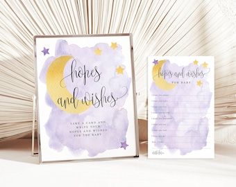 Purple Over the Moon baby wensen en kaarten advieskaarten en displaybord, paarse maan en sterren thema, instant download, afdrukbaar bestand #721