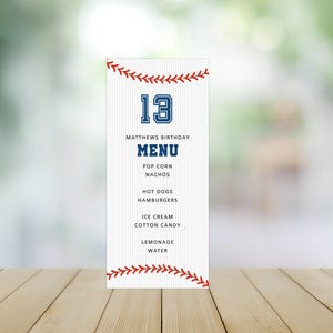 Baseball Birthday Party Editable Menu Card Teen Tween Kids Boy ANY AGE-Edit Yourself, Pinstripe Baseball Laces Corjl Editable Template 005