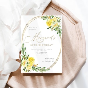 Yellow Roses Birthday Editable Invitation for Her, Gold Accents, Any Year Editable Text, Print or Text, Instant Download, Corjl Template-186