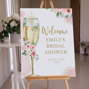 Champagne Glass Editable Welcome Sign Pink Flowers Gold Accents, ANY EVENT, 3 sizes, Self-Edit Text, Instant Download, Corjl Template #418