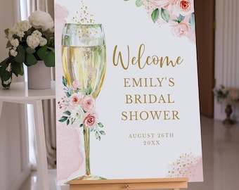 Champagne Glass Editable Welcome Sign Pink Flowers Gold Accents, ANY EVENT, 3 sizes, Self-Edit Text, Instant Download, Corjl Template #418
