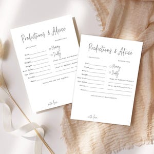 Prédictions et conseils pour une baby shower | Design noir et blanc minimaliste, genre neutre |  Cartes imprimables 5 X 7" | Téléchargement instantané 196