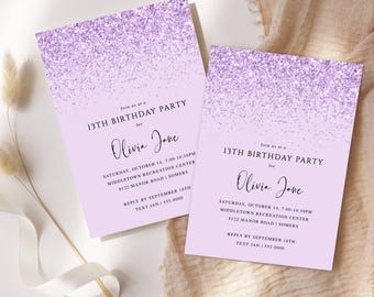 May include: Two lavender-colored birthday party invitations with a glittery top border. The text reads "13TH BIRTHDAY PARTY for Olivia Jane" with event details. The invitations are on a neutral background.