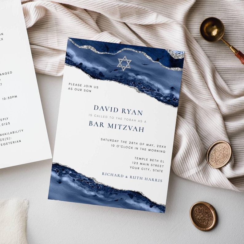 Bar Mitzvah All in One Editable Invitation | Blue Silver Agate Star of David Design | Double Sided 5x7 Invite | Editable Template 151 image 2