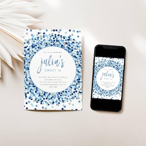 Blue Silver Glitter Confetti Birthday Party Editable Invitation-Any Age-Self Edit-Print/Text, Instant Download, Corjl Template #129