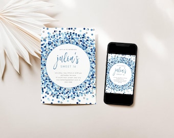 Blauw zilver glitter confetti verjaardagsfeestje bewerkbare uitnodiging-elke leeftijd-zelf bewerken-print/tekst, Instant Download, Corjl-sjabloon #129