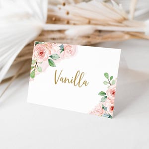 Etiquetas para mesas de comida, tarjetas de mesa plegables pequeñas, plantilla editable para mesa de postres tipo buffet, flores rosas, descarga instantánea, plantilla Corjl 418