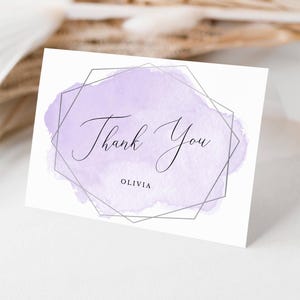 Modèle modifiable de carte de remerciement aquarelle violet | Papier plié personnalisé avec cadre argenté, taille A2 | Édition en ligne, téléchargement numérique 011