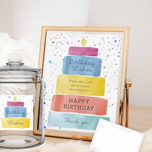Frasco de desejos de aniversário, bolo de camadas de arco-íris em aquarela, etiquetas para frascos e cartão de desejos para impressão, download digital instantâneo, arquivos digitais para impressão 115