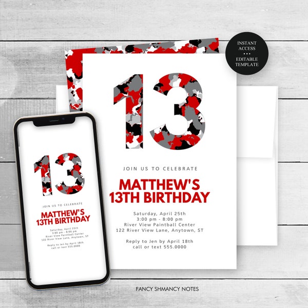 Red Camo Editable Birthday Invitation, 4x6 and 5x7" Edit Yourself-ANY AGE Teen Boy Kids Invite, Instant Download, Corjl Template, #080