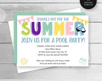 Summer Pool Party Editable Invitation, School's Out for Summer-Pastel, Print or Text Instant Download Corjl Template-531