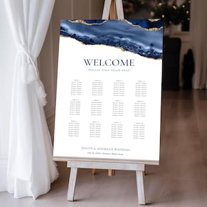Navy Blue and Gold Agate Editable Seating Chart Sign Multiple Sizes, Self-Edit Add or Remove Tables, Editable Template-137