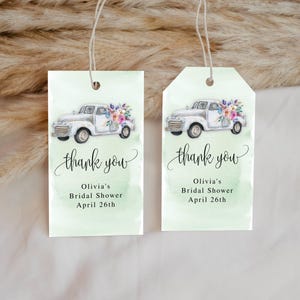 Flower Truck Editable Hanging Favor Tags, Personalized Message, Green Watercolor, Self-Edit Text Instant Download CORJL Template #035