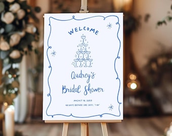 Bridal Shower Welcome Sign | Hand Drawn Champagne Tower | Whimsical Design with Scribble Frame, Corjl Editable Template 311