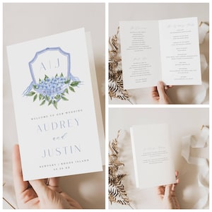 Wedding Program Template, Blue Hydrangea Folded Program, Watercolor Crest, CORJL Editable Template 428