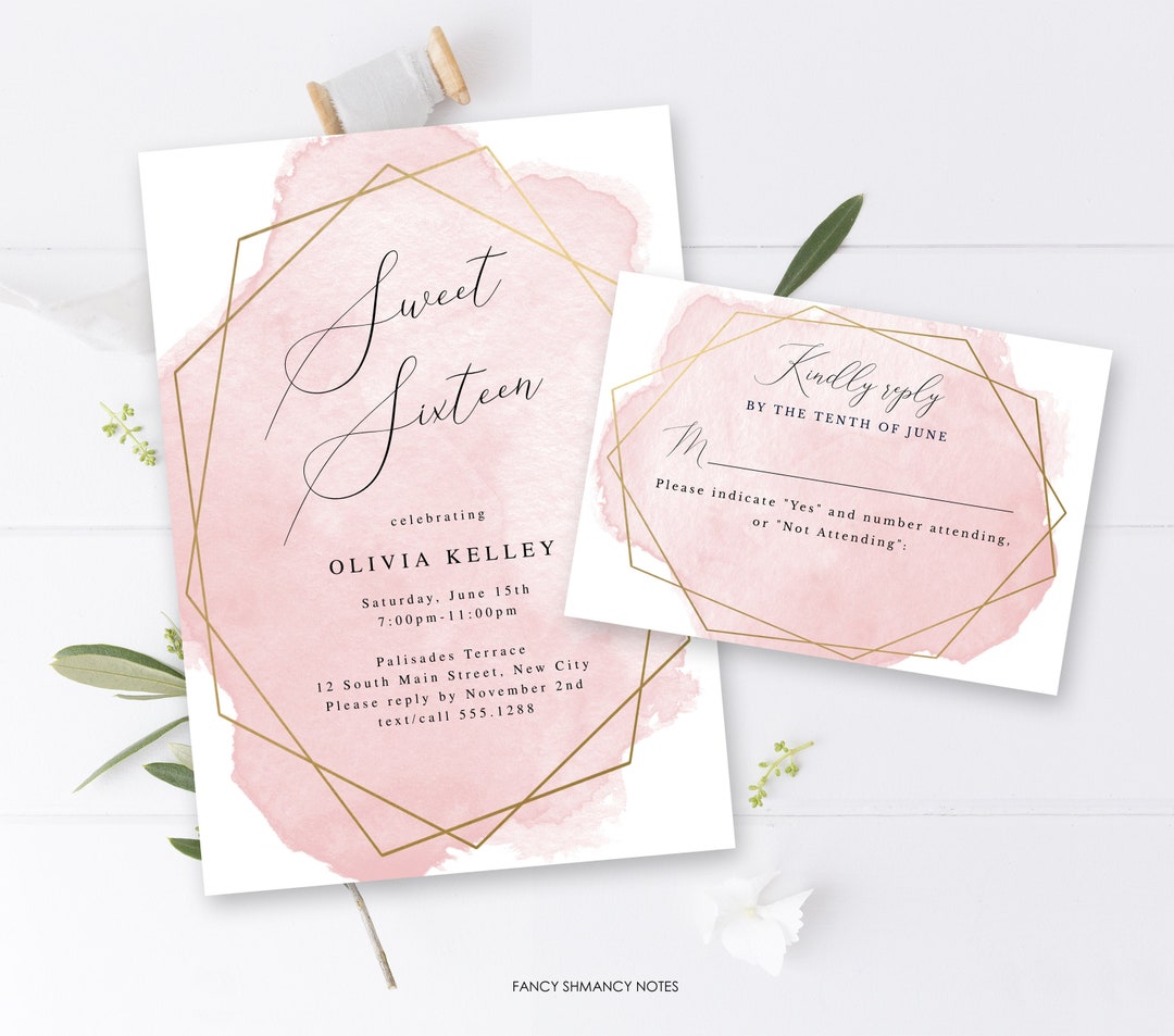 Pink and Gold Birthday Invitation & Reply Card Editable Etsy