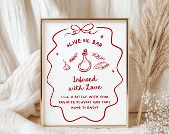 Letrero imprimible para barra de aceite de oliva, Colección roja para despedida de soltera That's Amore, Infundido con amor, Garabatos de inspiración italiana, Descarga instantánea 317