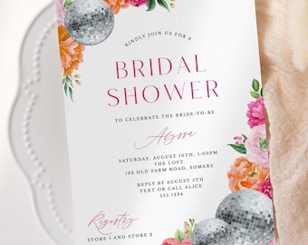 Floral Disco Bridal Shower Invitation | Pink and Orange Peony Flowers, Corjl Editable Template 119