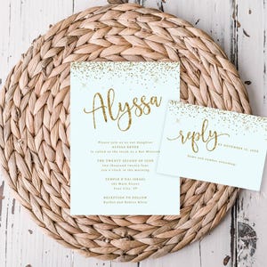 Bat Mitzvah Editable Invitation & Reply Card Template SET, Gold Glitter and Custom Colors, Print/Text, Instant Download, CORJL Template #073