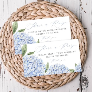 Blue Hydrangea Recipe Request Card (Script), Bridal Shower Invitation Insert, Instant Digital Download, 428