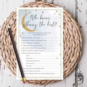 Afdrukbare Blue Over the Moon Baby Shower Game Card, Who Knows Mommy Best, Blue Sky Gold Glitter maan en sterren, Instant Download 703