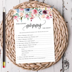 Juego imprimible para baby shower grupal "Quién conoce mejor a mamá", borde de flores de acuarela, caligrafía, archivo imprimible, descarga instantánea 159