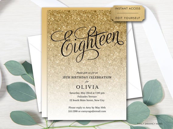 18 eighteen gold glitter fancy script editable birthday party invitation template print or text instant digital download 1436 by fancy shmancy notes catch my party