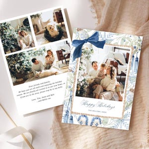 Holiday Christmas Photo Card: Blue Bow and Ornaments, Double-Sided 5x7 Editable Template H24