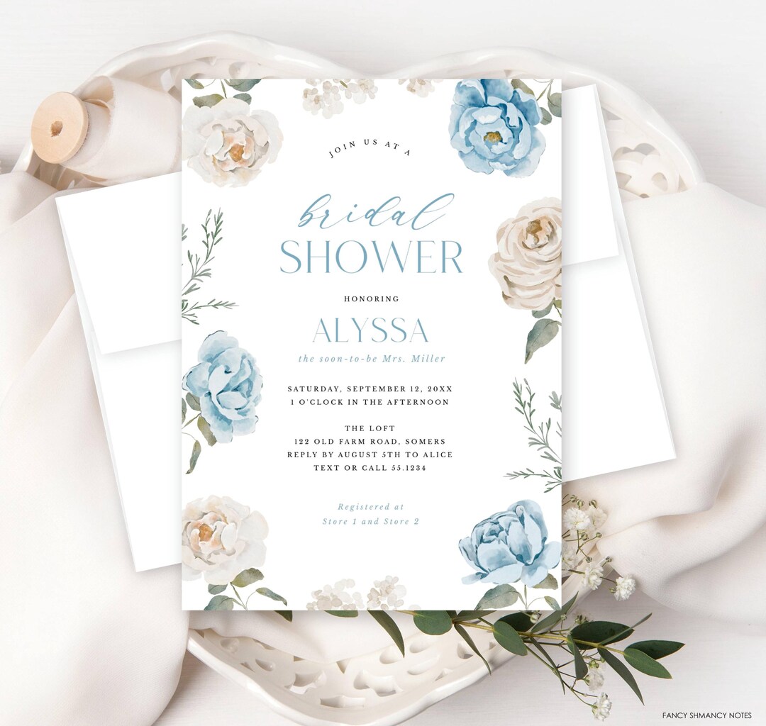 Blue and White Floral Bridal Shower Invitation Watercolor Flowers