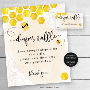 Bearbeitbare Honigbiene, Mutter zu Bee Babyparty-Windel-Verlosungskarte und Anzeigeschild, selbst bearbeitet, sofortiger Download CORJL-Vorlage 033
